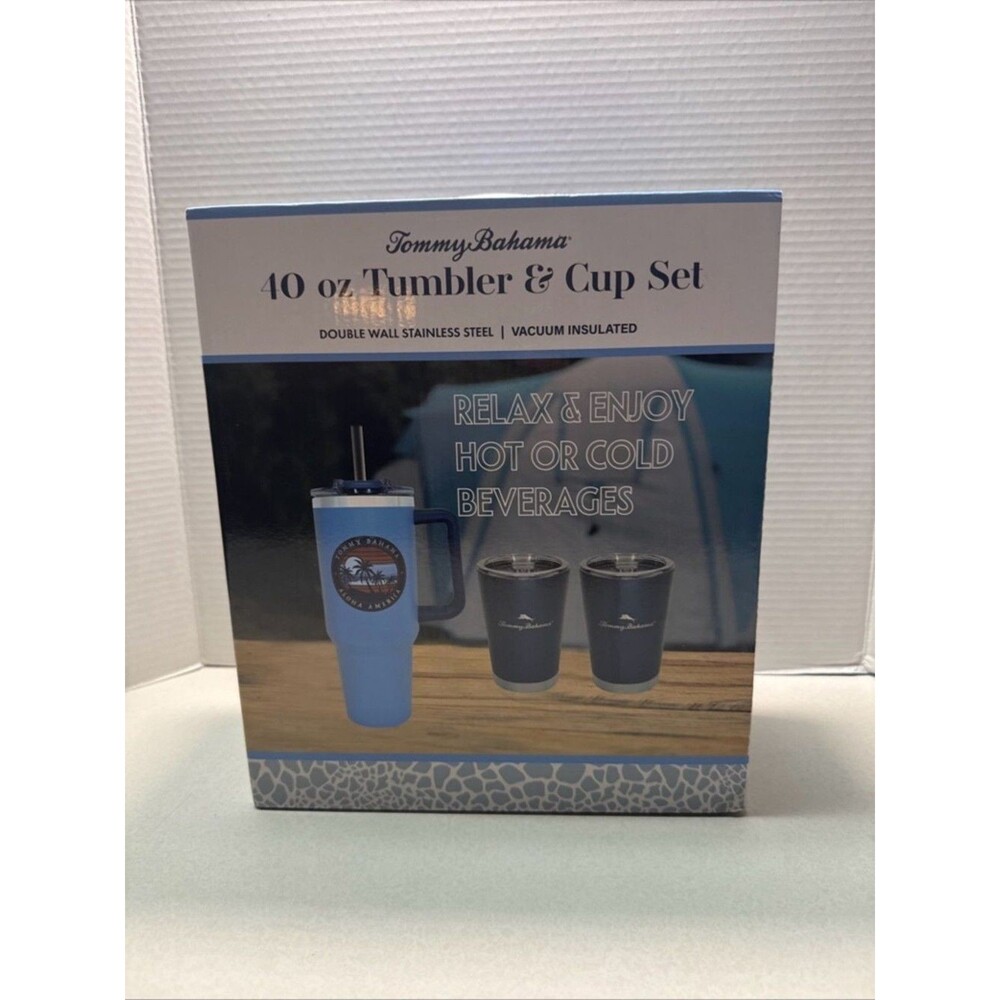 Tommy Bahama Light Blue 40 oz Tumbler & Matching Dark Blue Cups Set